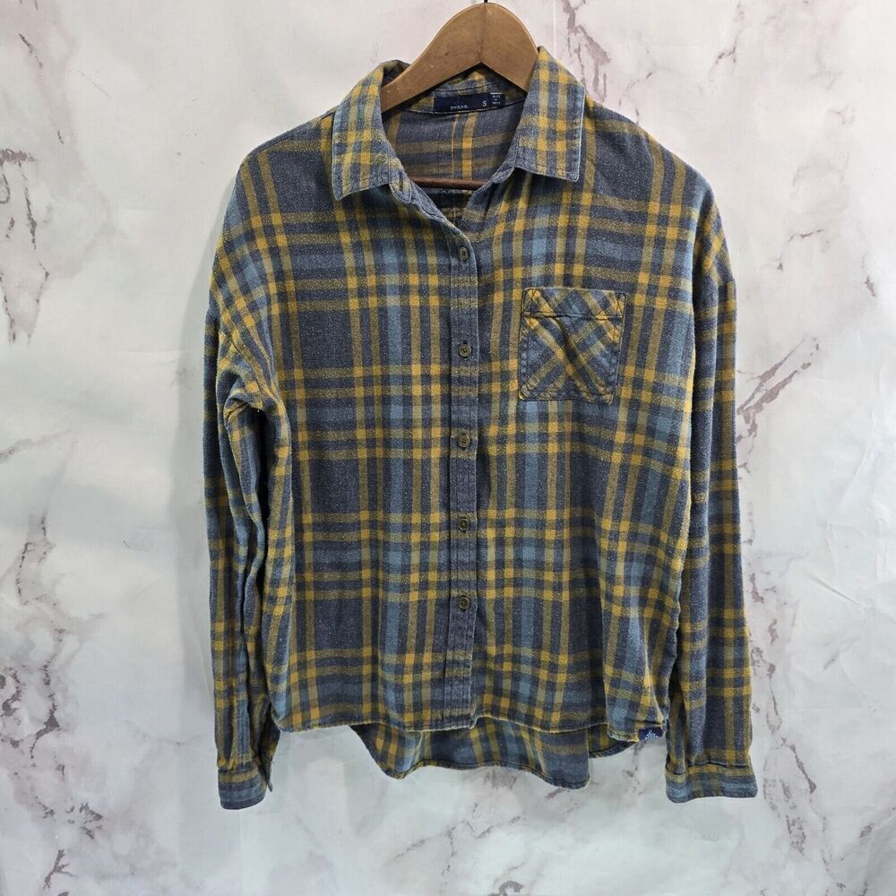 Prana Shirt Womens Small Gray Yellow Button Up Flannel Long Sleeve Percy Organic